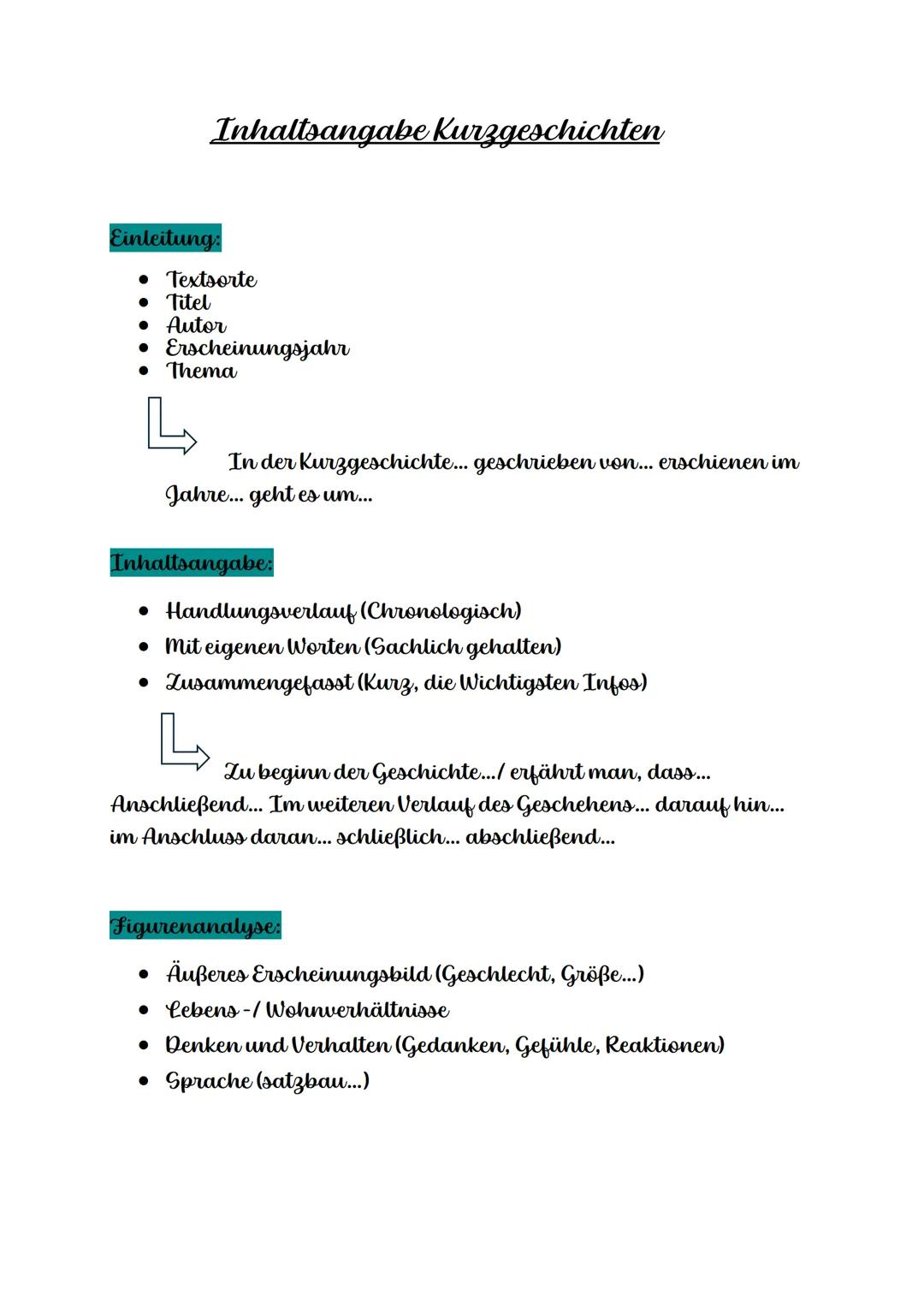 # Inhaltsangabe Kurzgeschichten
Einleitung:
- Textsorte
- Titel
- Autor
- Erscheinungsjahr
- Thema
In der Kurzgeschichte... geschrieben vo