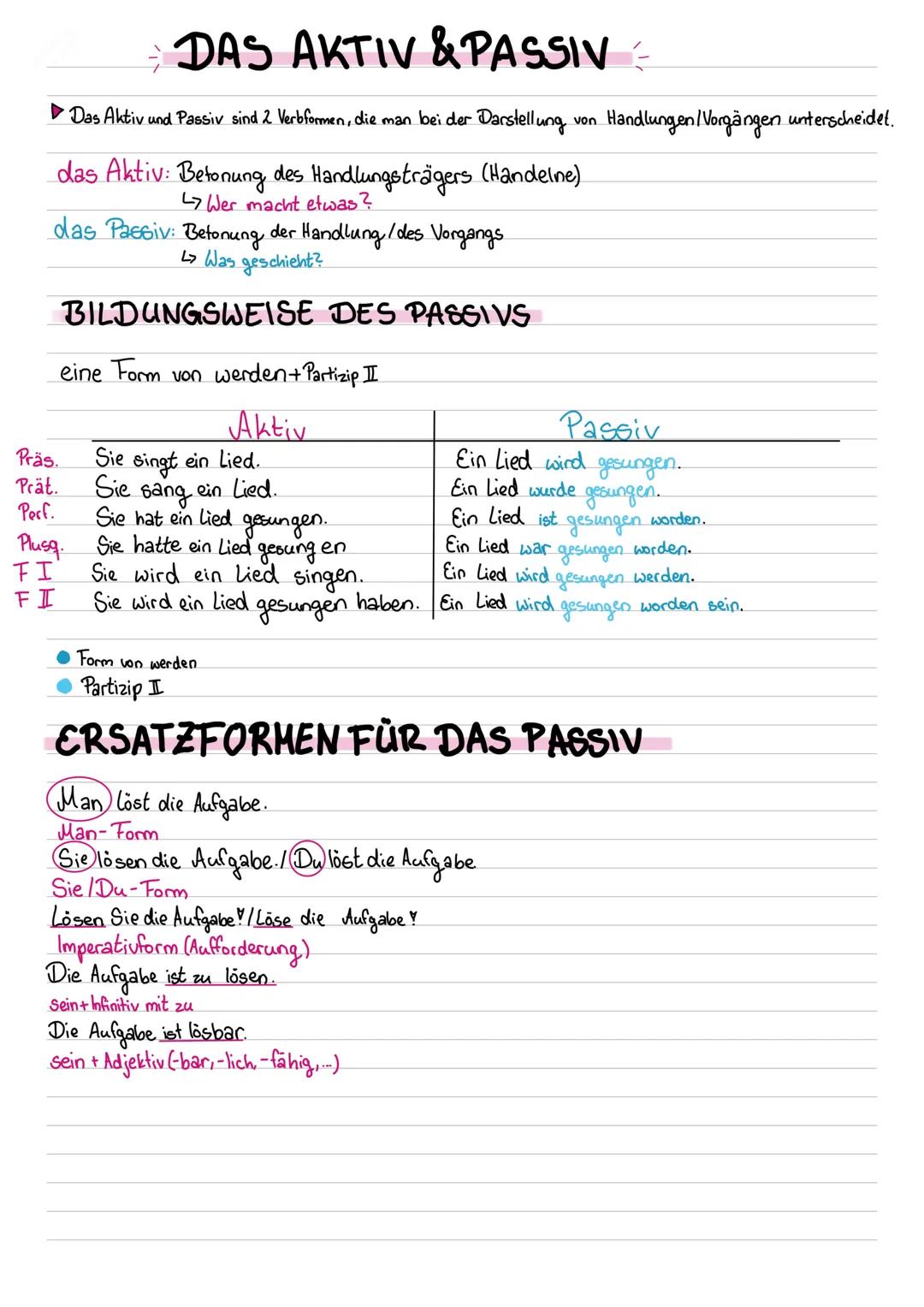 DAS AKTIV & PASSIV =
Das Aktiv und Passiv sind 2 Verbformen, die man bei der Darstellung
von
das Aktiv: Betonung des Handlungsträgers (Hande