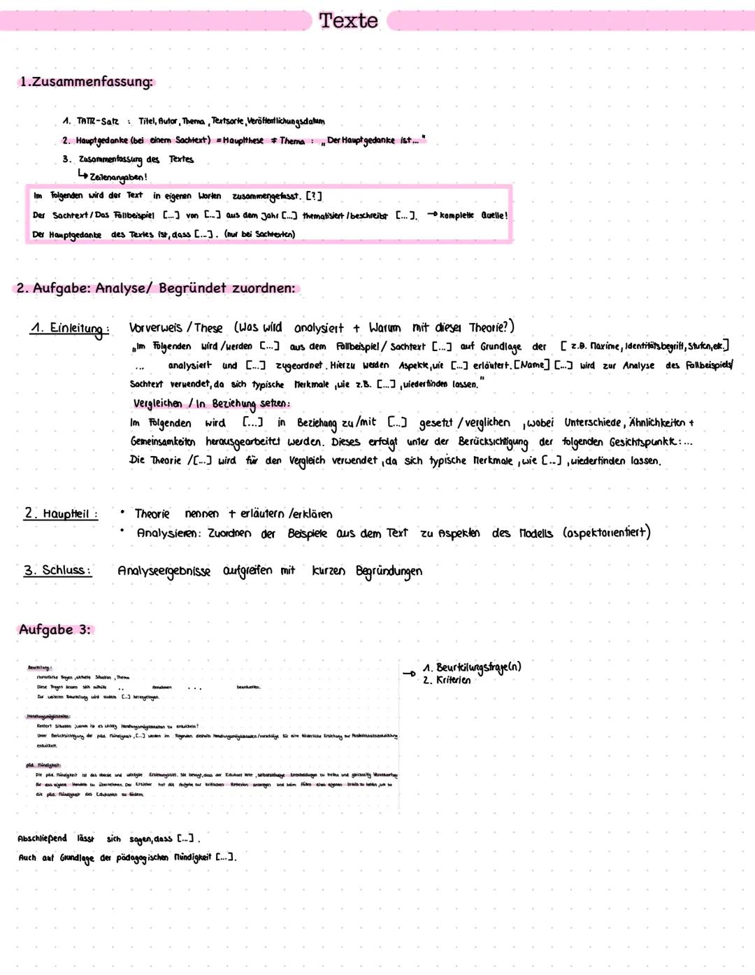 Texte
1.Zusammenfassung:
1. TATR-Satz Titel, Autor, Thema, Textsorte, Veröffentlichungsdatum
2. Hauptgedanke (bei einem Sachtext) = Hauptthe