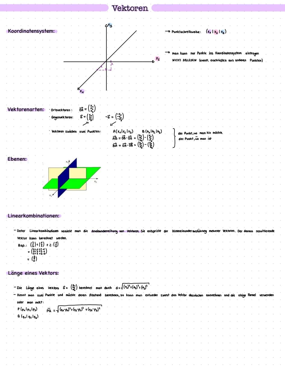 Analytische Geometrie Koordinatensystem:
Vektoren
Vektorenarten: · Ortsvektoren:
Gegenvektoren:
=()
OA =
-()
-σ =
Vektoren zwischen zwei Pun