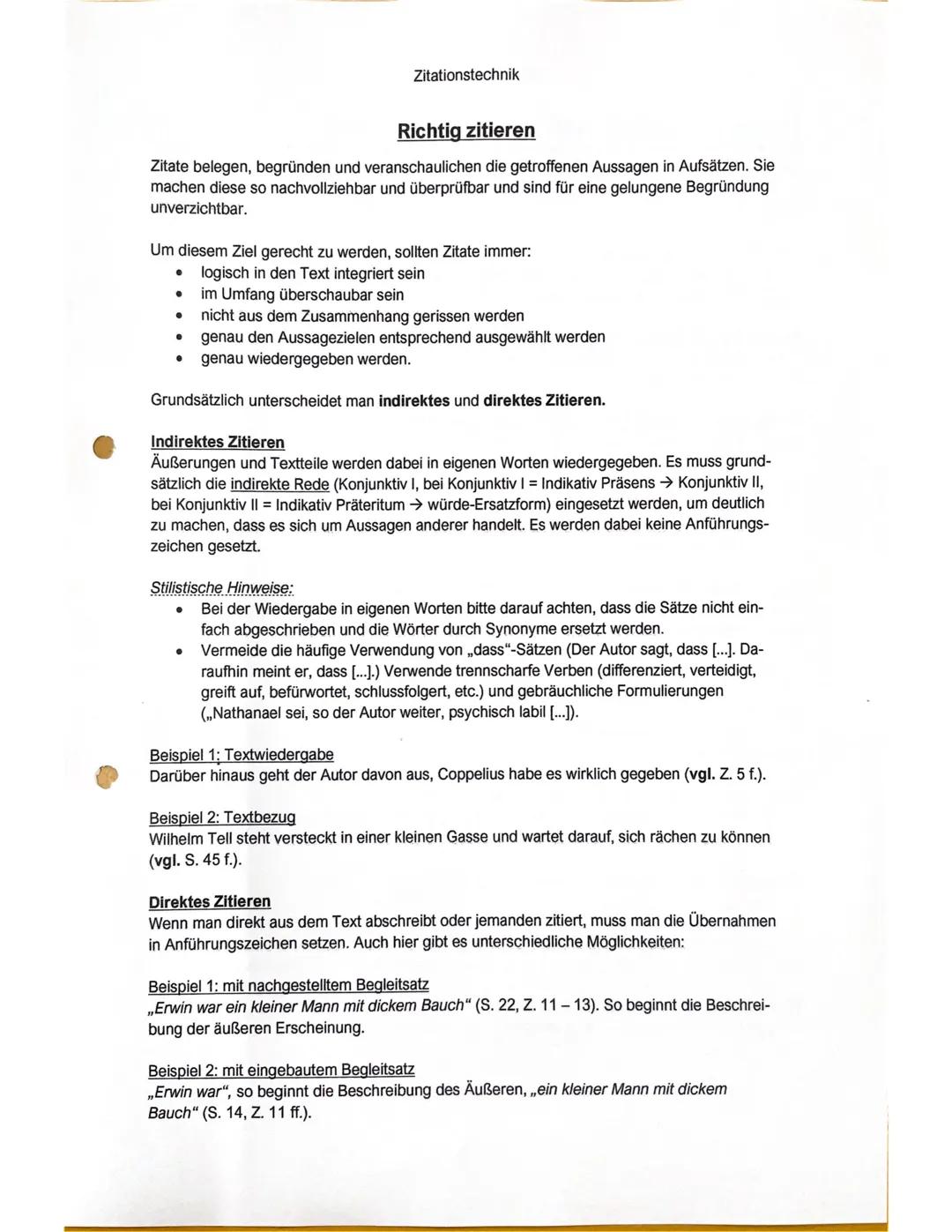 Zitationstechnik
Richtig zitieren
Zitate belegen, begründen und veranschaulichen die getroffenen Aussagen in Aufsätzen. Sie
machen diese so