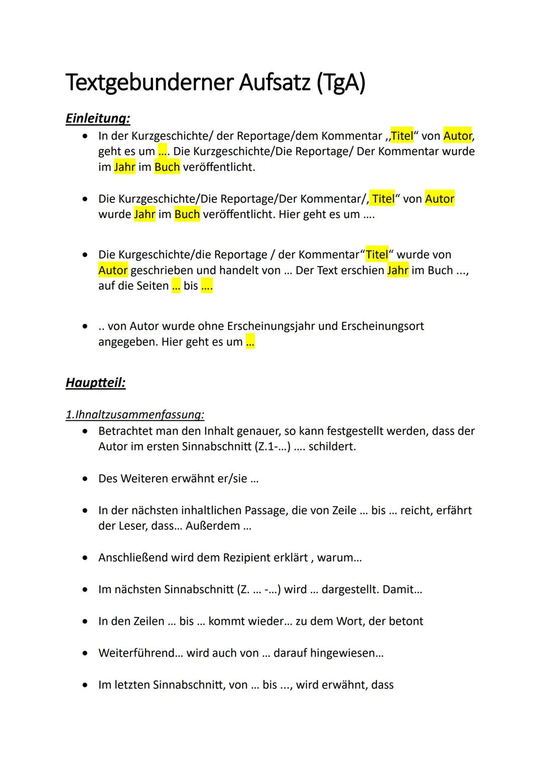 # Textgebunderner Aufsatz (TgA)
Einleitung:
* In der Kurzgeschichte/ der Reportage/dem Kommentar,,Titel" von Autor,
geht es um .... Die