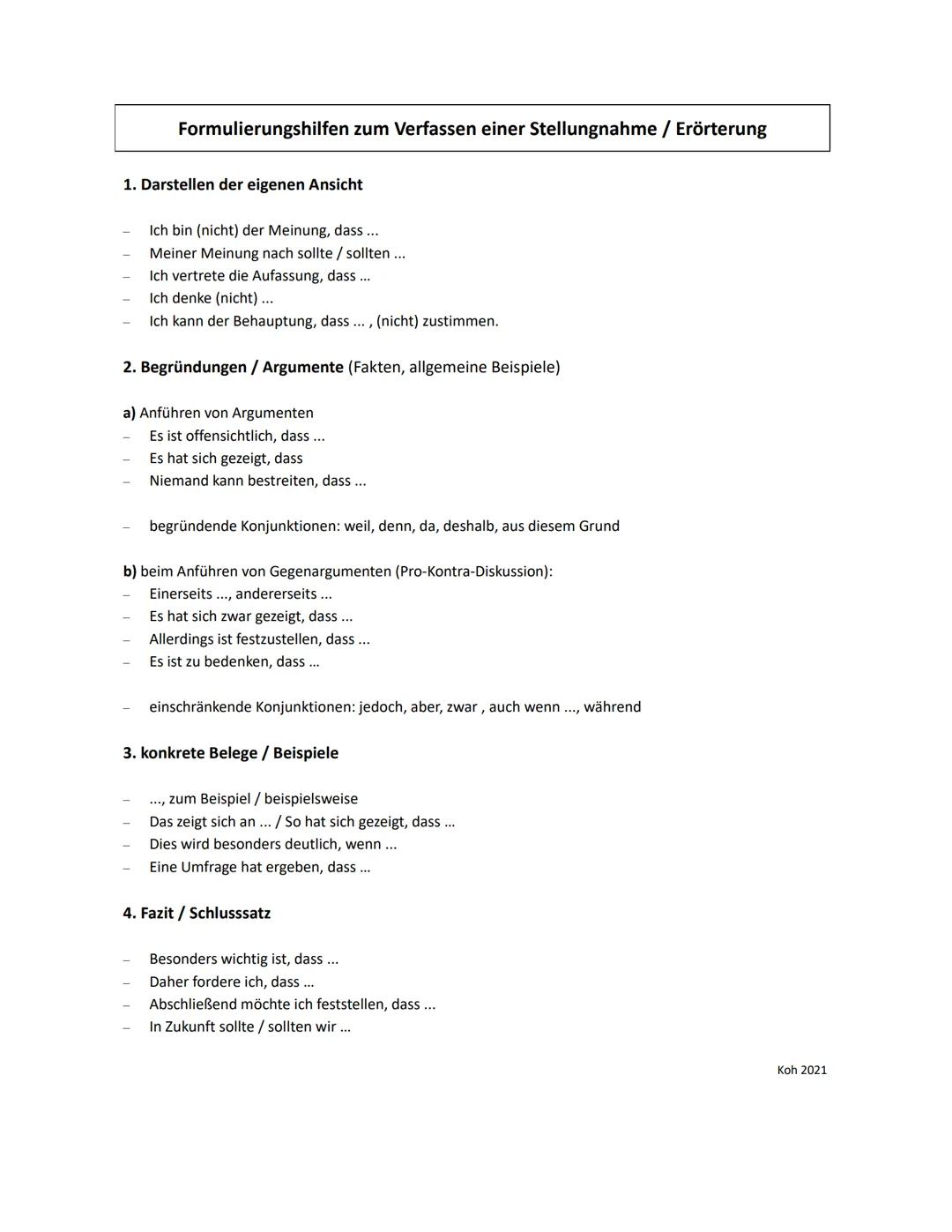 # Formulierungshilfen und Methodenblätter Deutsch
Inhaltsübersicht
Formulierungshilfen für den Deutsch-Unterricht
* Erörterung (7-8)
* Ste