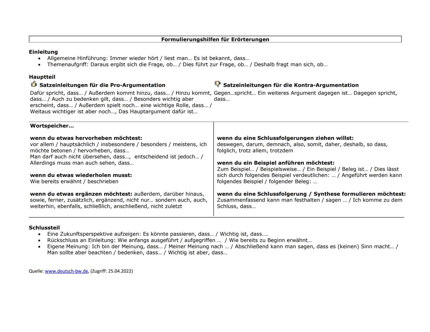 # Formulierungshilfen und Methodenblätter Deutsch
Inhaltsübersicht
Formulierungshilfen für den Deutsch-Unterricht
* Erörterung (7-8)
* Ste