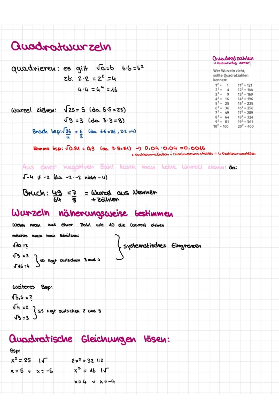 Quadratwurzeln
quadrieren: es gilt √a=6 6.6=62
26: 2.2=2² =4
4·4=4"=16
Warzel ziehen: √25 = 5 (da S.S=25)
√93 (da 3.3=9)
Bruch bsp:√36 = 6 (