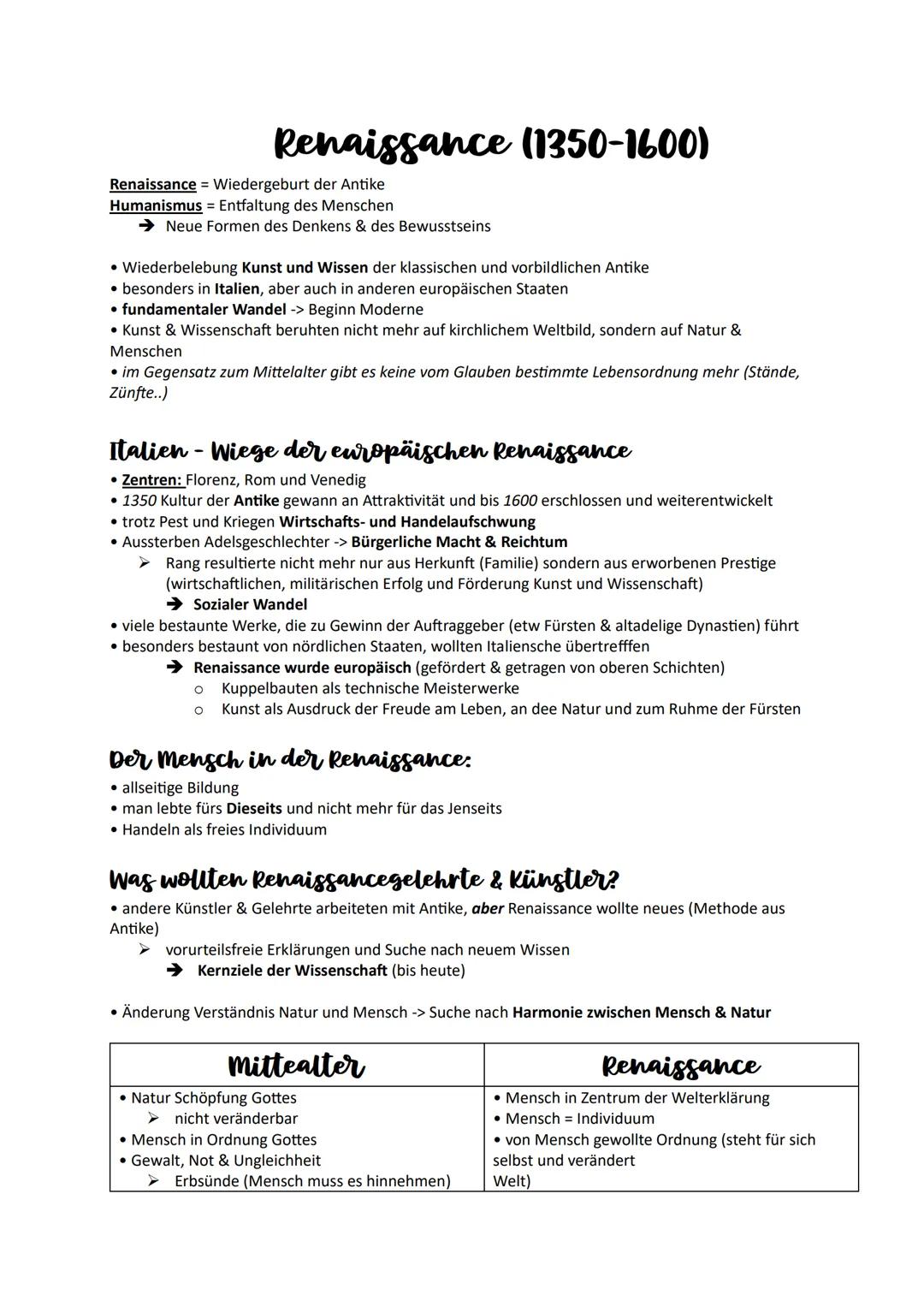 Renaissance (1350-1600)
Renaissance = Wiedergeburt der Antike
Humanismus = Entfaltung des Menschen
→ Neue Formen des Denkens & des Bewussts