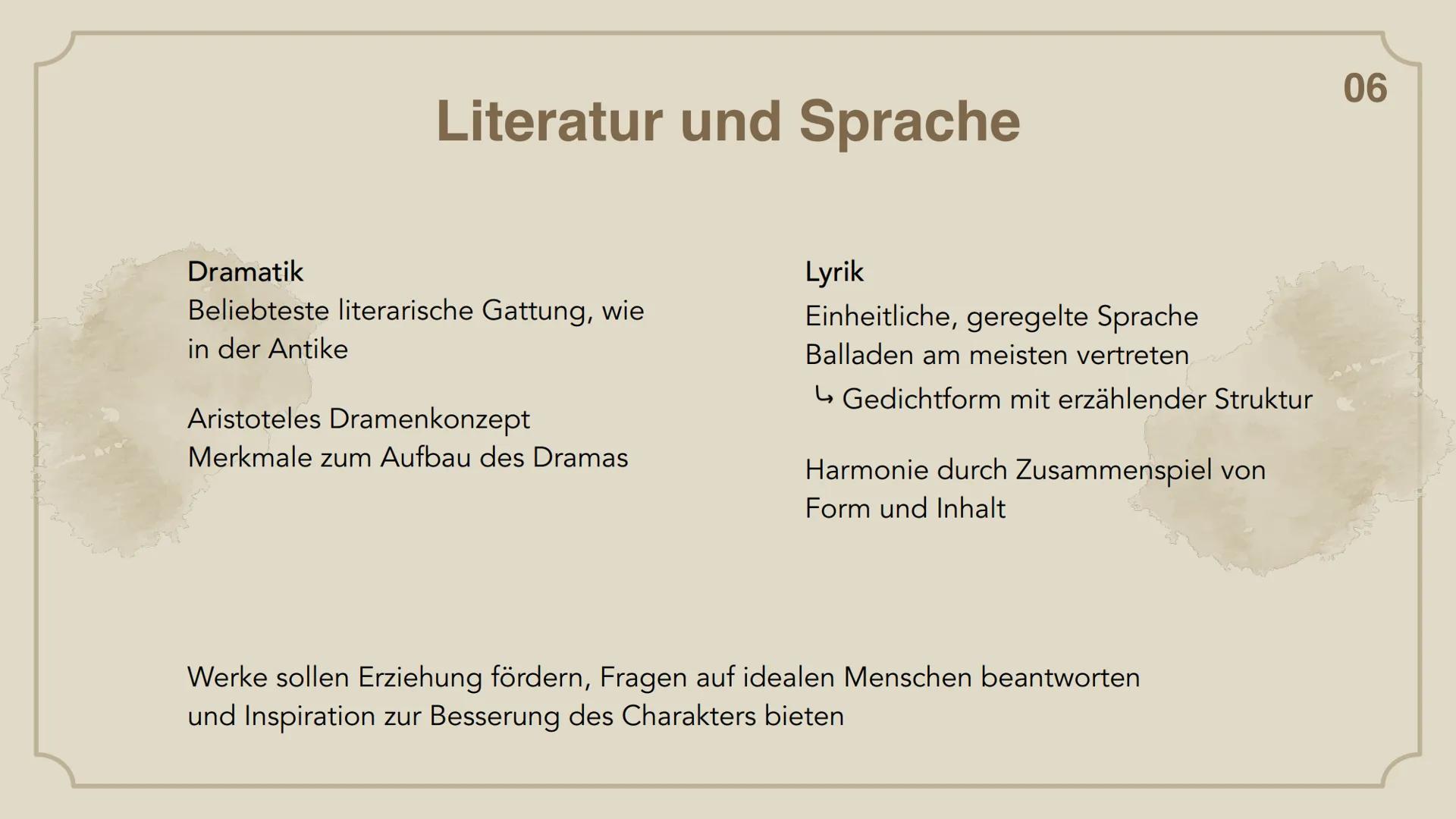 Weimarer
Klassik Gliederung
01. Begriffserklärung
02. Zeitliche Einordnung
03. Themen
04. Menschenbild
05. Autoren und ihre Werke
06. Litera