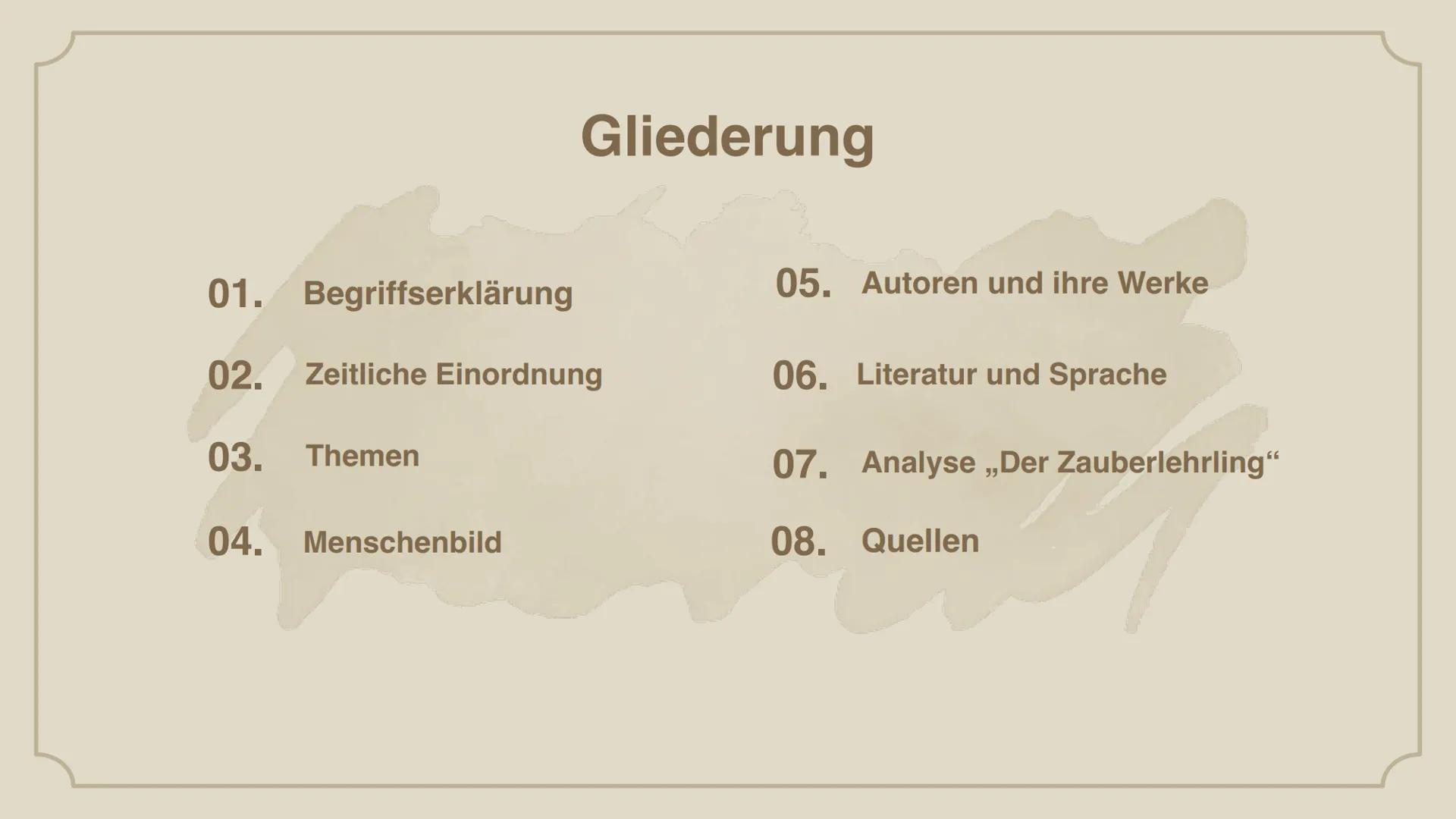 Weimarer
Klassik Gliederung
01. Begriffserklärung
02. Zeitliche Einordnung
03. Themen
04. Menschenbild
05. Autoren und ihre Werke
06. Litera