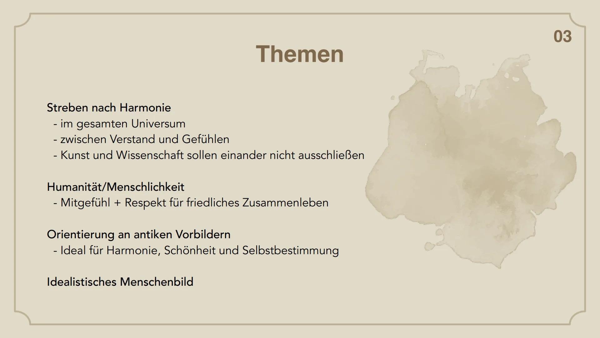 Weimarer
Klassik Gliederung
01. Begriffserklärung
02. Zeitliche Einordnung
03. Themen
04. Menschenbild
05. Autoren und ihre Werke
06. Litera