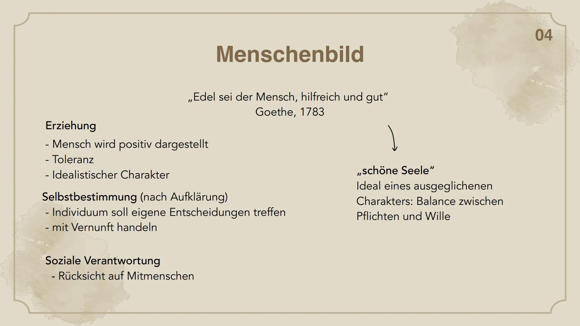 Weimarer
Klassik Gliederung
01. Begriffserklärung
02. Zeitliche Einordnung
03. Themen
04. Menschenbild
05. Autoren und ihre Werke
06. Litera