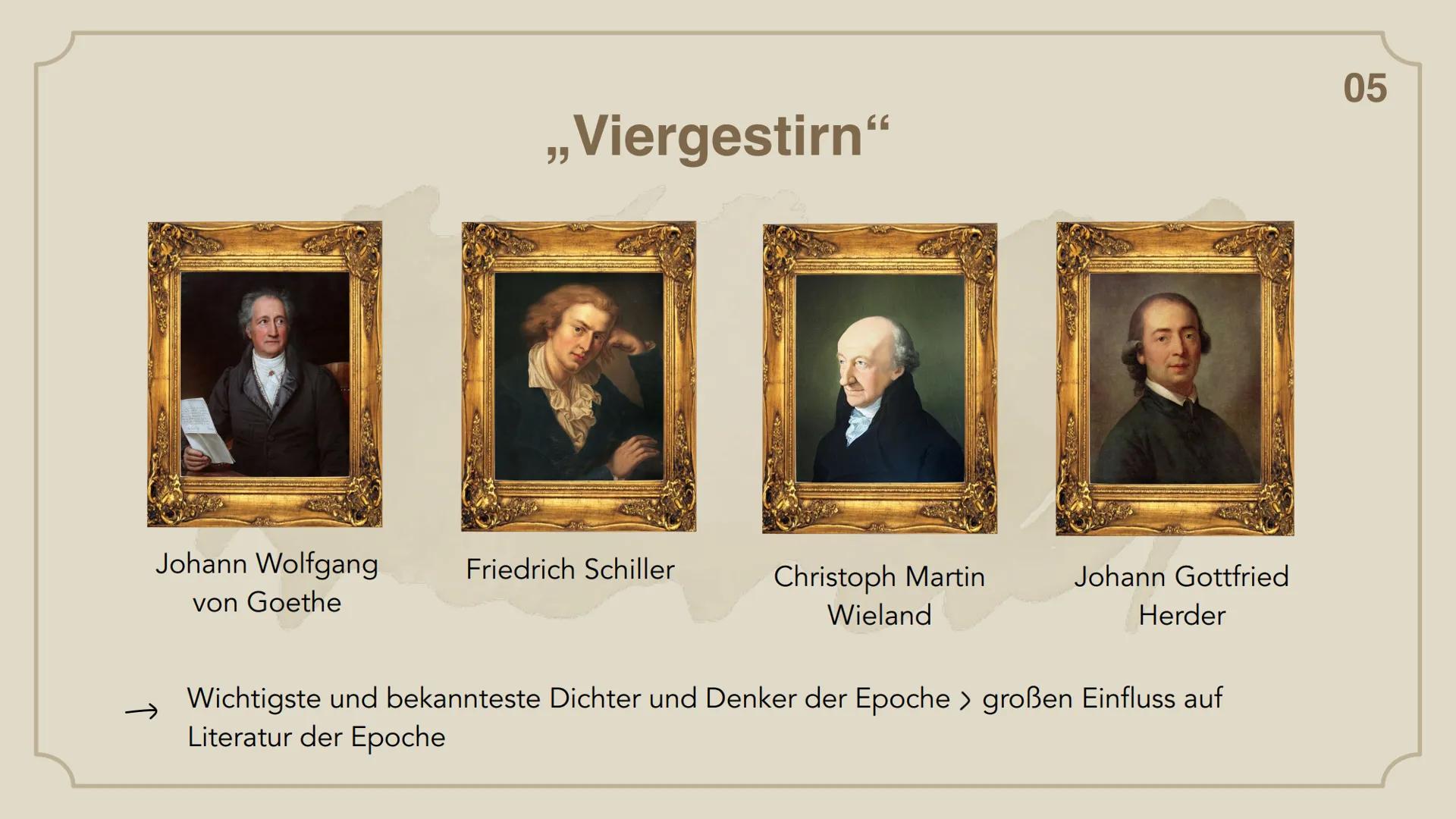 Weimarer
Klassik Gliederung
01. Begriffserklärung
02. Zeitliche Einordnung
03. Themen
04. Menschenbild
05. Autoren und ihre Werke
06. Litera