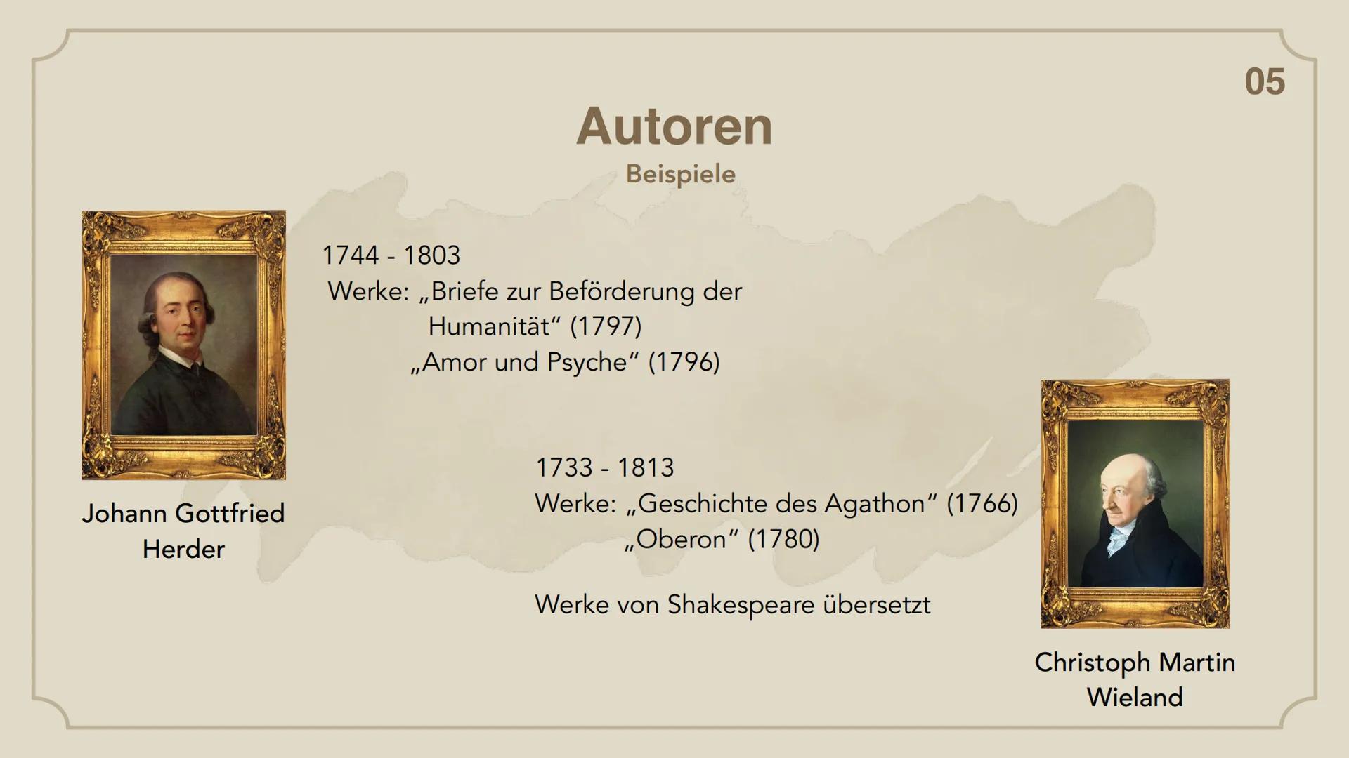 Weimarer
Klassik Gliederung
01. Begriffserklärung
02. Zeitliche Einordnung
03. Themen
04. Menschenbild
05. Autoren und ihre Werke
06. Litera