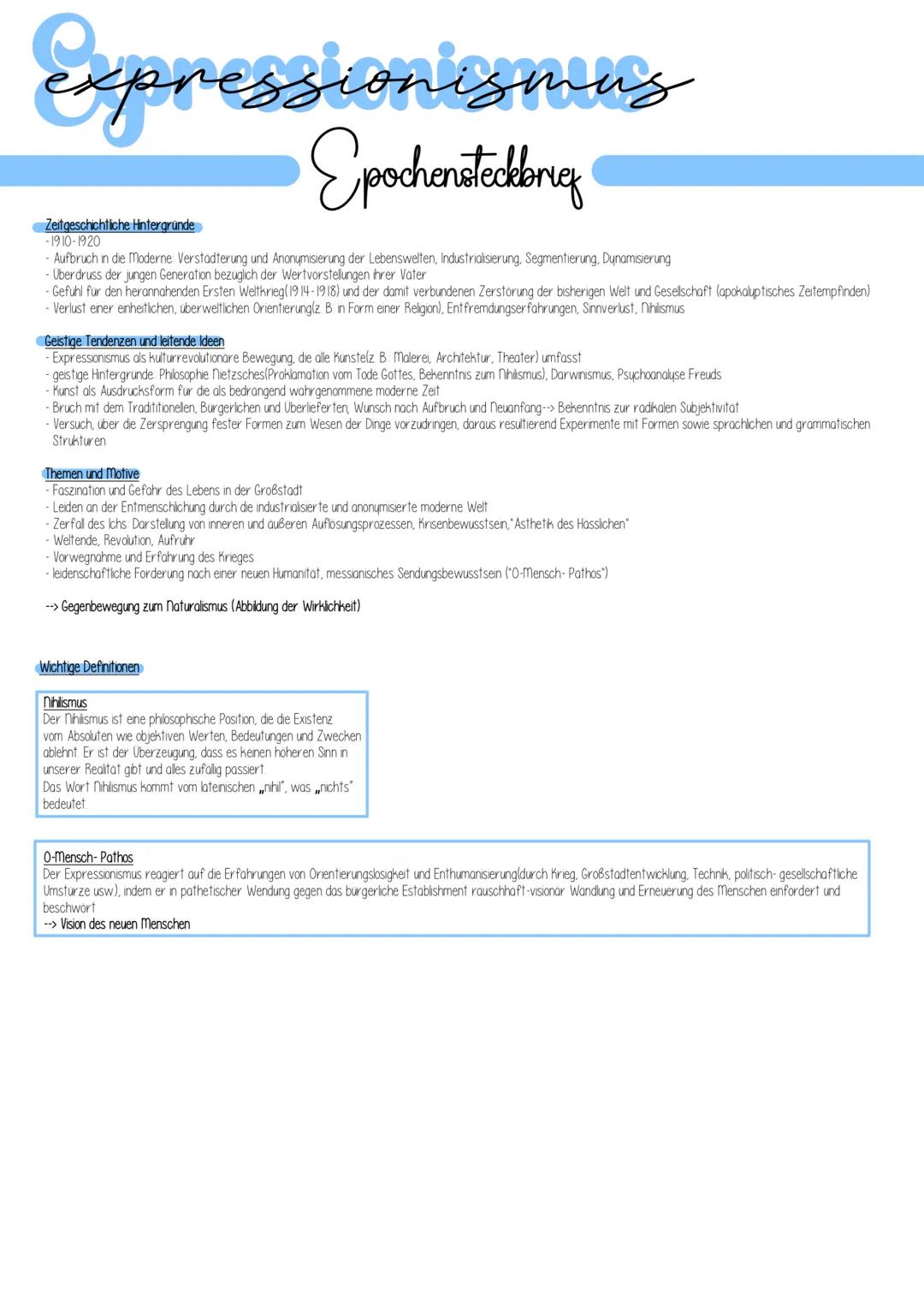 # Expressionismus
## Epochensteckbrig
### Zeitgeschichtliche Hintergrunde
-1910-1920
- Aufbruch in die Moderne Verstadterung und Anonymi