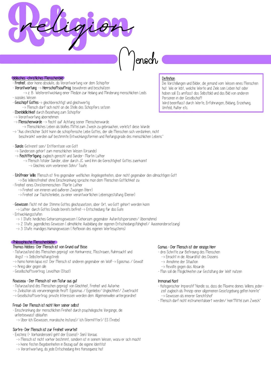 # Religion
## Mensch
biblisches-christiches Menschenbid
- Freiheit, aber keine absolute, da Verantwortung vor dem Schopfer
- Verantwortung