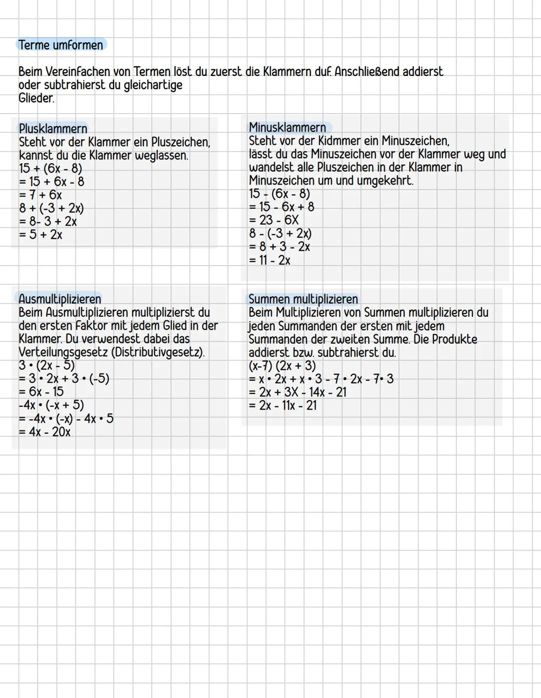 MATHE
Für die Klassenarbeit lernen
Terme mit variablen vereinfachen
2x+3x=5x
2x + 3y+4x+7y= 6x + 10
10x-17y+3x+10y=13x-74
x+x+x+x=4+x=4x
y+y