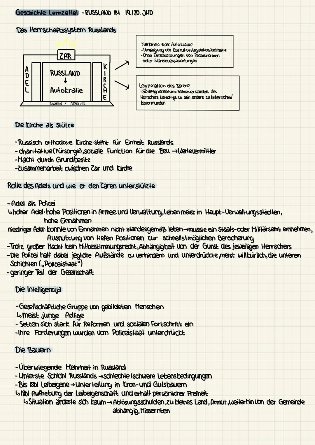 Geschichte Lernzettel - RUSSLAND IM 19./20. JHD
Das Herrschaftssystem Russlands
Merkmale einer Autokratie?
-Vereinigung von Exekutive, legis