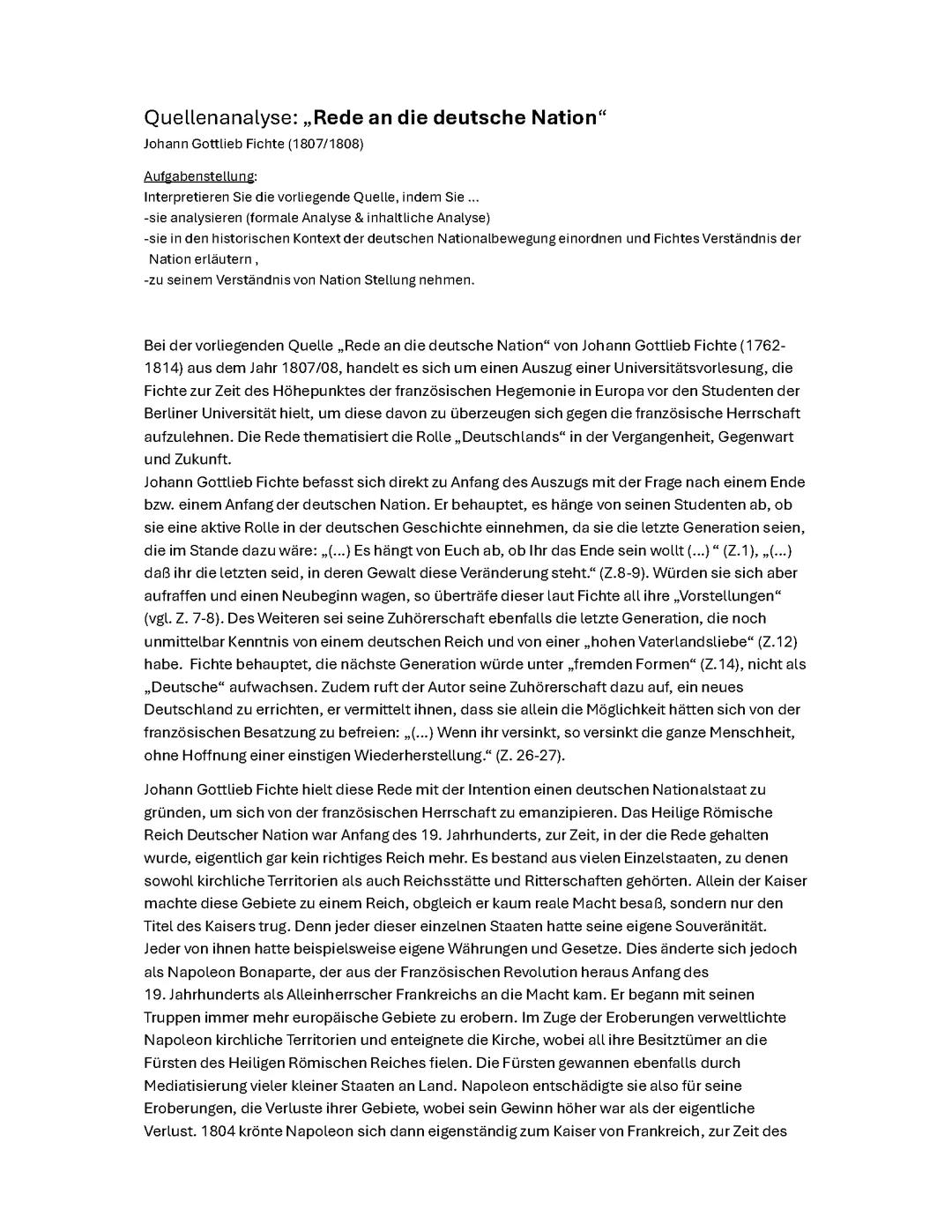Quellenanalyse, Johann Gottlieb Fichte: „Rede an die deutsche Nation“ -Geschichte