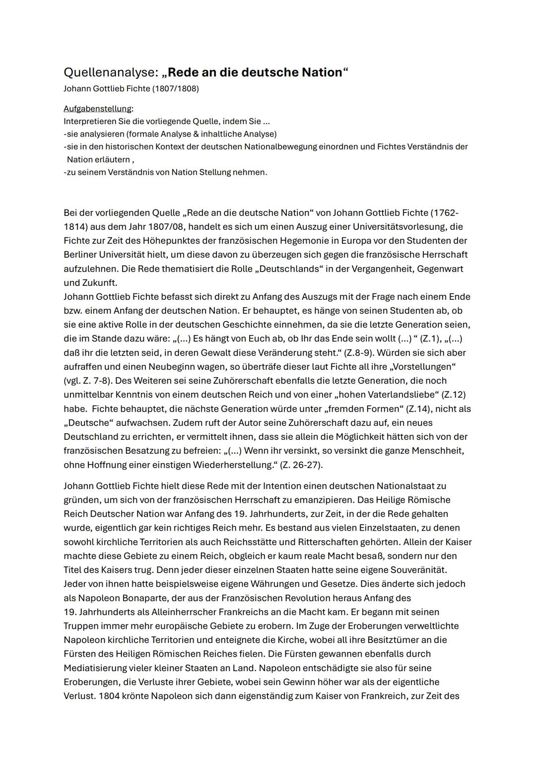 Quellenanalyse: „Rede an die deutsche Nation"
Johann Gottlieb Fichte (1807/1808)
Aufgabenstellung:
Interpretieren Sie die vorliegende Quelle