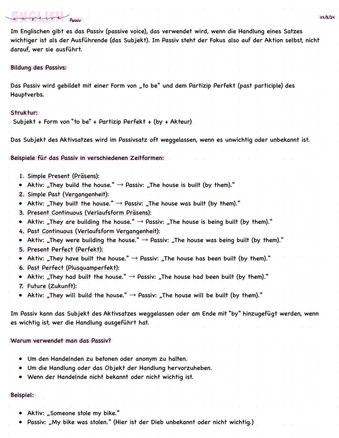 enrere Passiv
Im Englischen gibt es das Passiv (passive voice), das verwendet wird, wenn die Handlung eines Satzes
wichtiger ist als der Aus