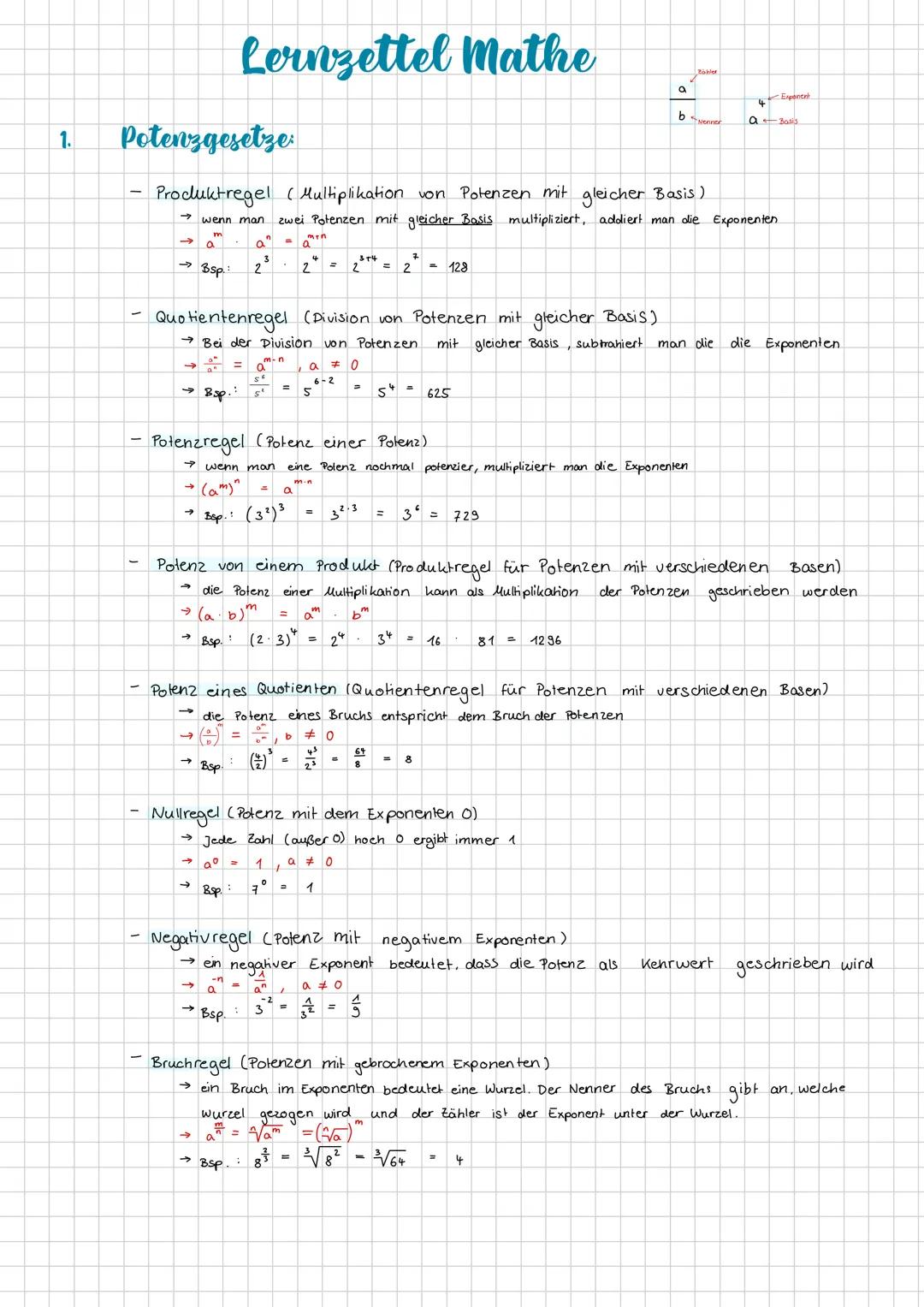 Lernzettel Mathe
Rahler
a
Exponent
b Nenner
a Basis
1.
Potenzgesetze
Produktregel (Multiplikation von Potenzen mit gleicher Basis)
wenn man