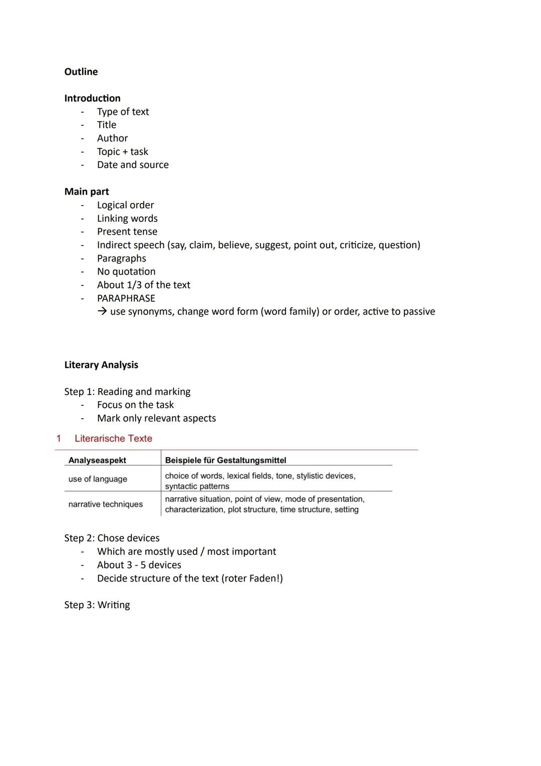 Outline
Introduction
Type of text
Title
Author
Topic + task
Date and source
Main part
Logical order
Linking words
Present tense
Indirect spe