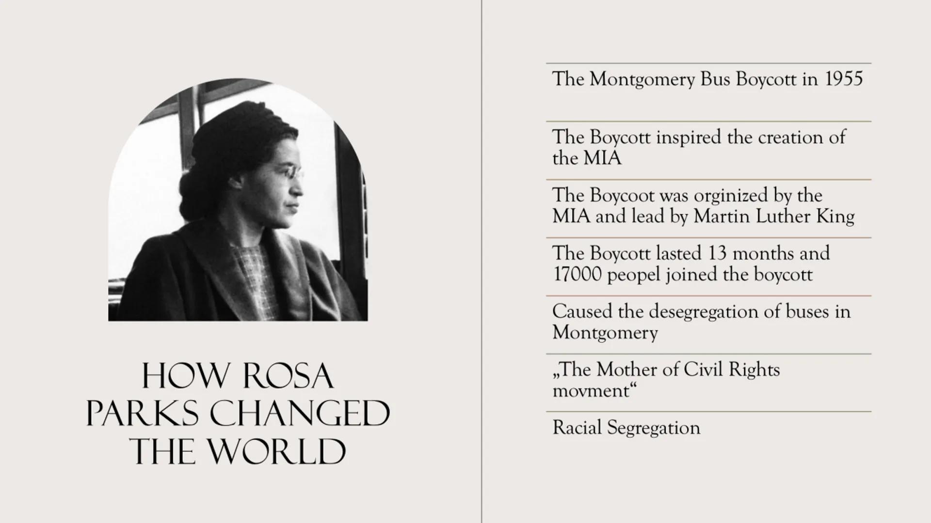 ROSA LOUISE
PARKS BIOGRAPHY
Name: Rosa Louise McCauley Parks
Born 4th February 1913 in Tuskegge Alabama
:
Ethnicity: African American
Parent