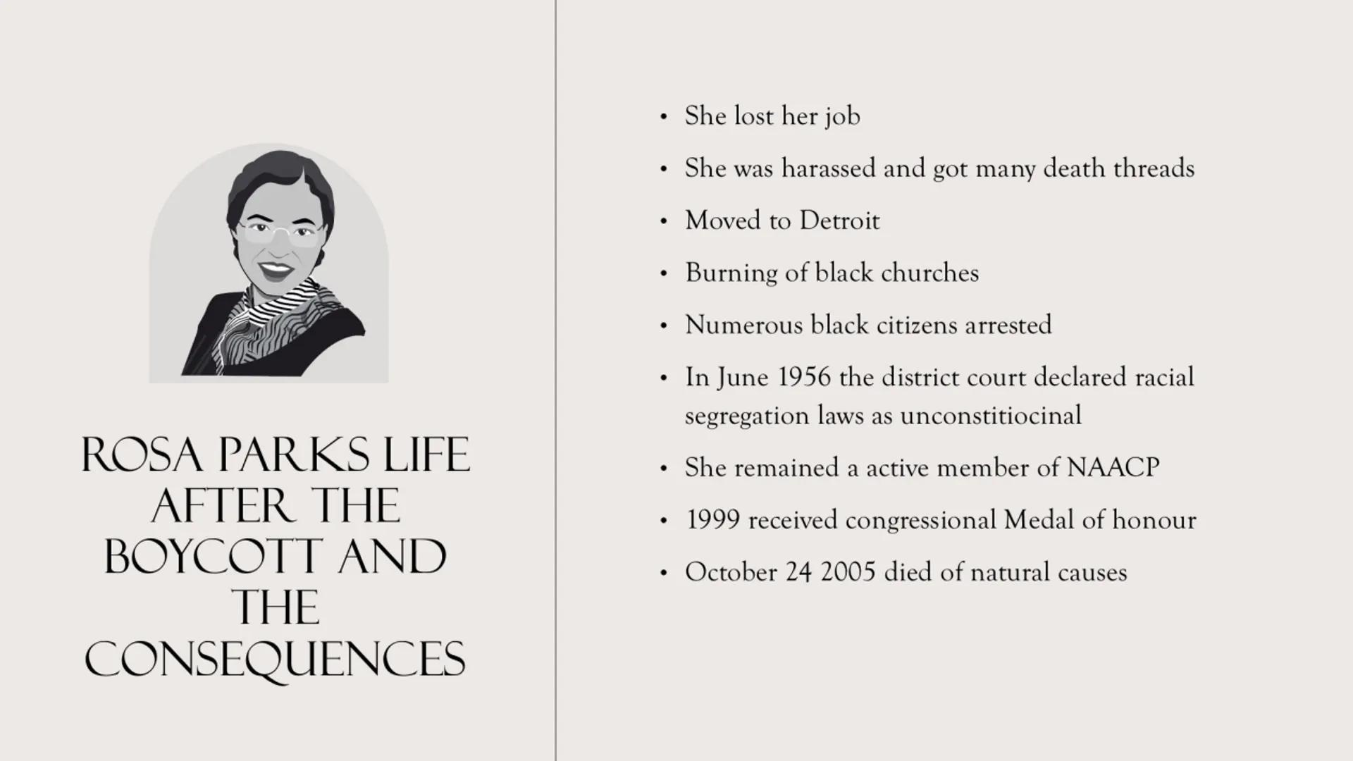 ROSA LOUISE
PARKS BIOGRAPHY
Name: Rosa Louise McCauley Parks
Born 4th February 1913 in Tuskegge Alabama
:
Ethnicity: African American
Parent