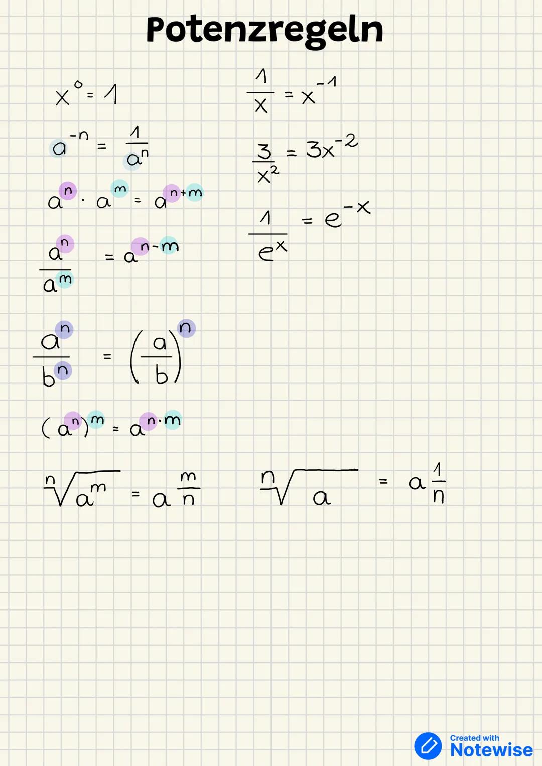 x° = 1
0
-n
=
1
an
Potenzregeln
1
X = X
× M/X
3 =
-1
3x-2
a
n
a"
am
a
M
= a
=
а
n-m
n+m
1
ex
=
е-х
e
=
(
(a)m = an⋅m
n
m
m
=
an
Va
=
a
а
</c
