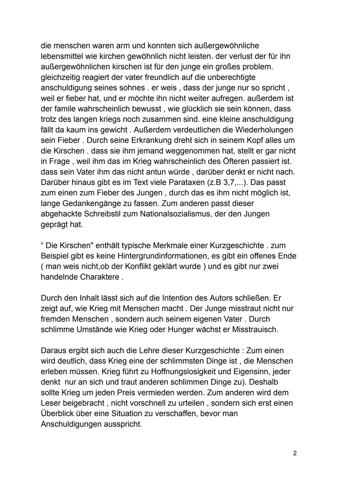 Die Kirschen
In der Kurzgeschichte “Die Kirschen" von Wolfgang Borchert,
geschrieben 1947, geht es um einen kranken Jungen, der denkt, sein