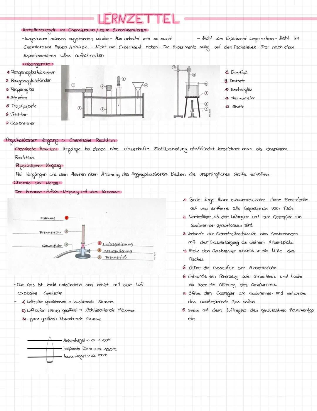 # LERNZETTEL
Verhaltersregeln im Chemieraum / beim Experimentieren
-Langehaare missen zugebunden werden - Man arbeitet min. zu eweit
Nich