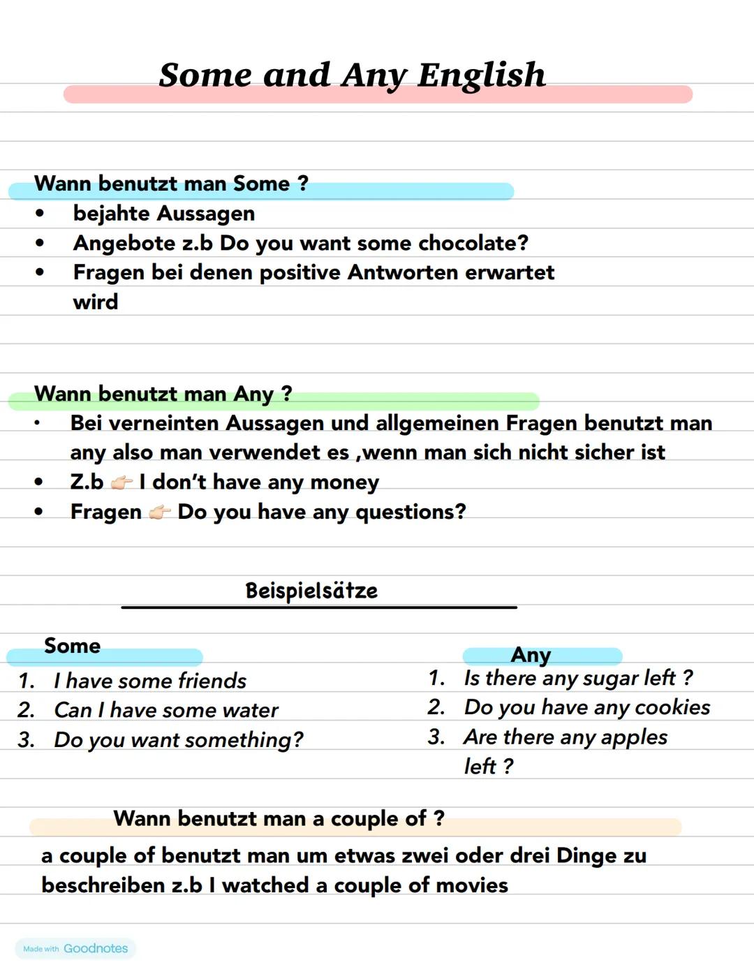 Some and Any English
Wann benutzt man Some ?
bejahte Aussagen
Angebote z.b Do you want some chocolate?
Fragen bei denen positive Antworten e