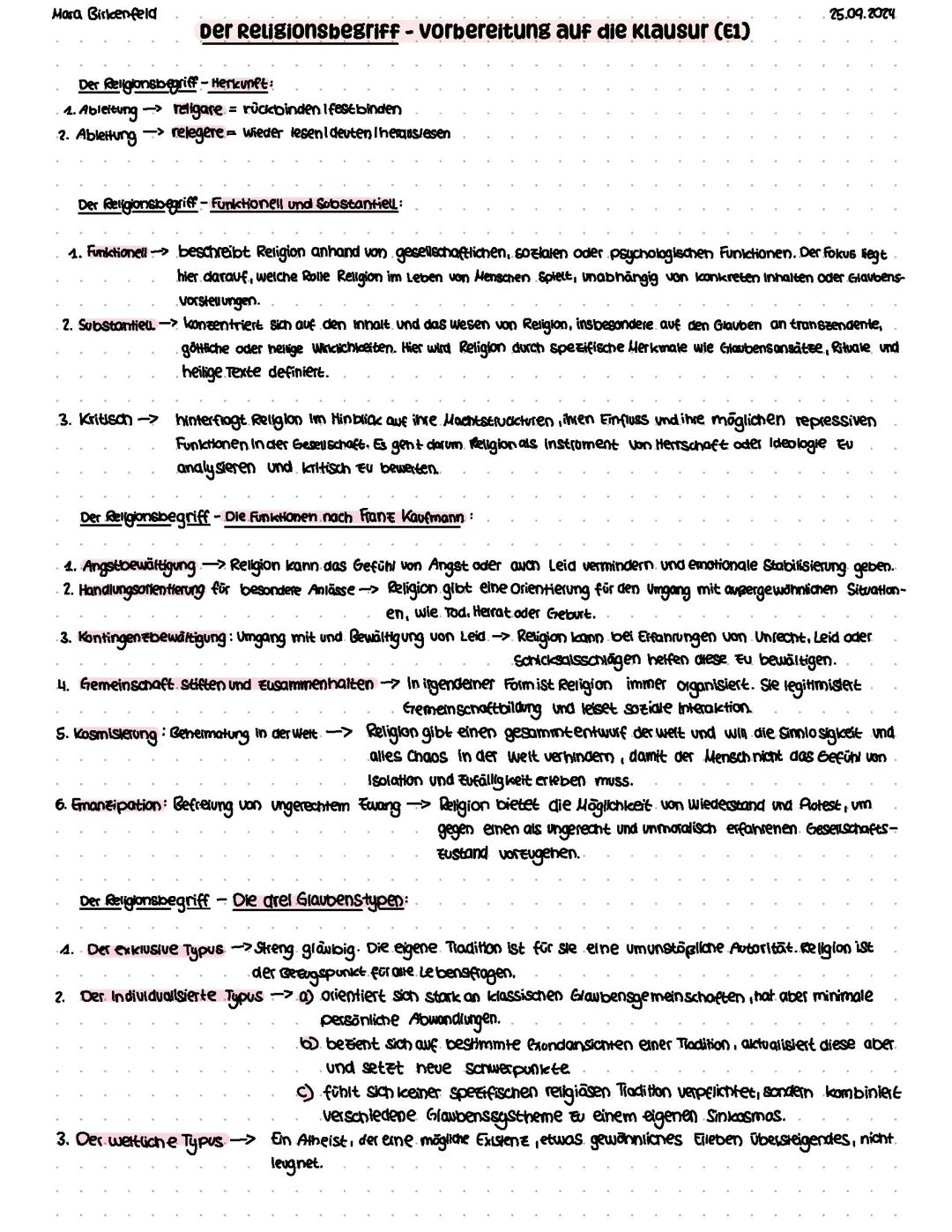 Der Religionsbegriff-Klausurvorbereitung (evangelische Religion)