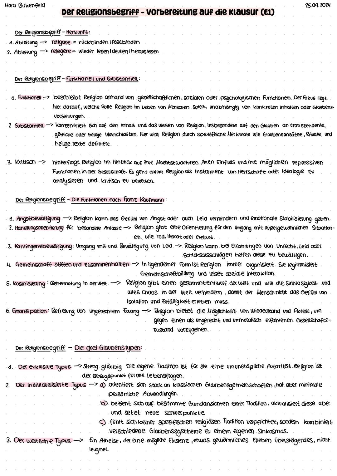 Mara Birkenfeld
25.09.2024
Der Religionsbegriff - vorbereitung auf die klausur (E1)
Der Religionsbegriff - Herkunft:
1. Ableitung
religare =