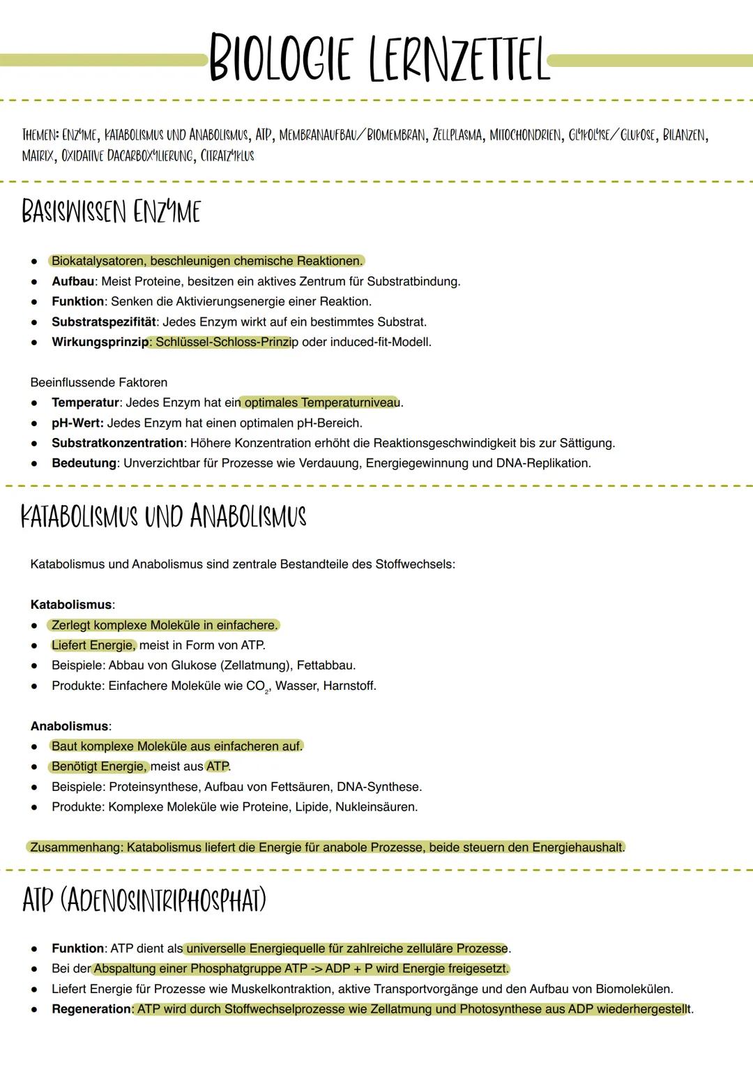 BIOLOGIE LERNZETTEL
THEMEN: ENZYME, KATABOLISMUS UND ANABOLISMUS, ATP, MEMBRANAUFBAU/BIOMEMBRAN, ZELLPLASMA, MITOCHONDRIEN, GLYKOLYSE/GLUKOS