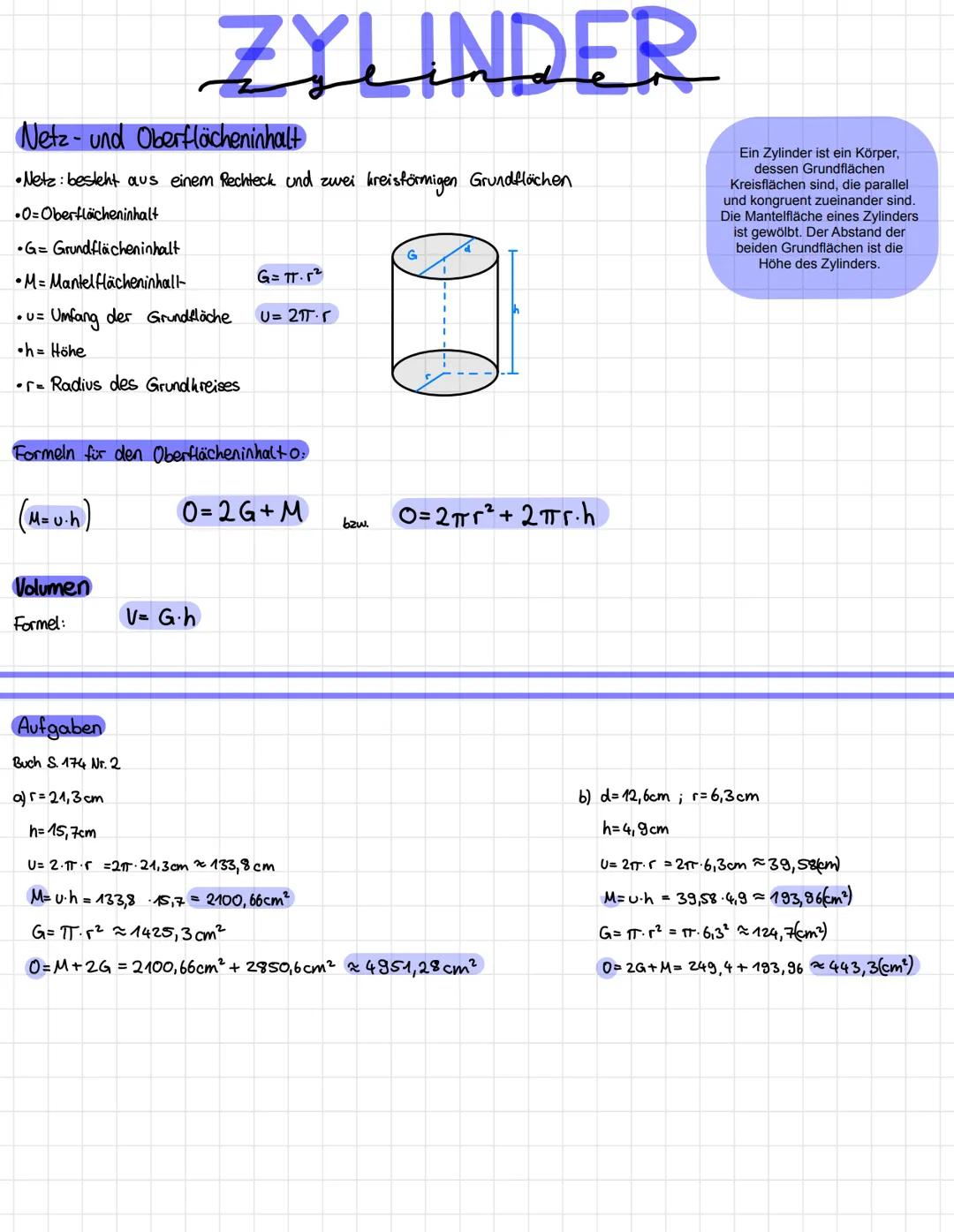 ZYLINDER
Netz- und Oberflächeninhalt
•Netz: besteht aus einem Rechteck und zwei kreisförmigen Grundflächen
.0-Oberflächeninhalt
G= Grundfläc