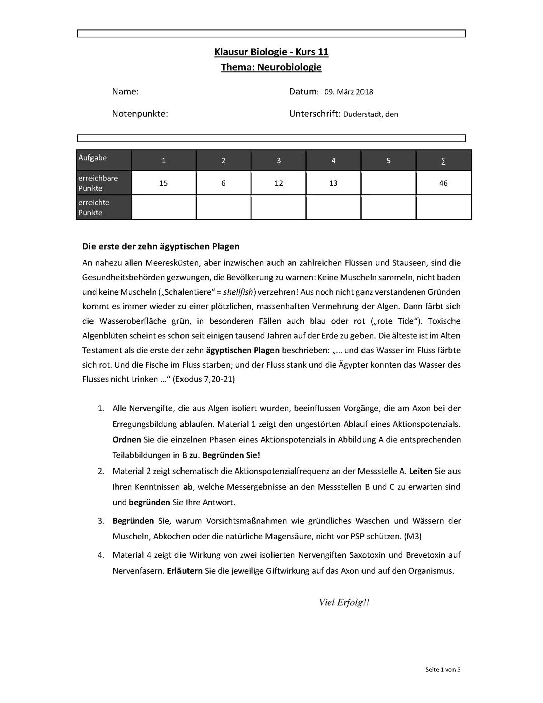 Klausur Biologie Neurobiologie