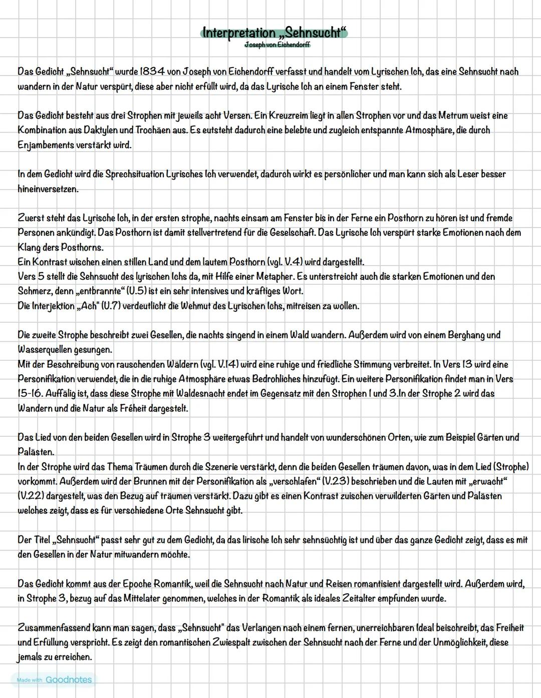 Interpretation „Sehnsucht"
Joseph von Eichendorff
Das Gedicht „Sehnsucht“ wurde 1834 von Joseph von Eichendorff verfasst und handelt vom Lyr