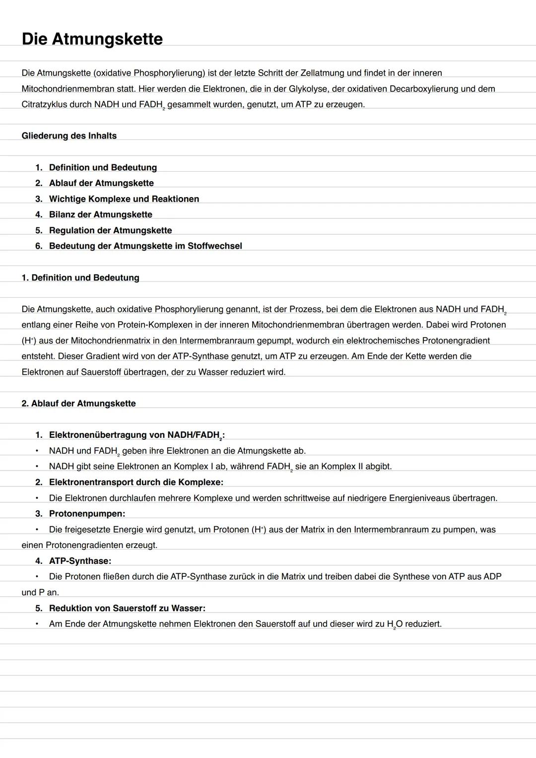 # Die Atmungskette
Die Atmungskette (oxidative Phosphorylierung) ist der letzte Schritt der Zellatmung und findet in der inneren
Mitochondr