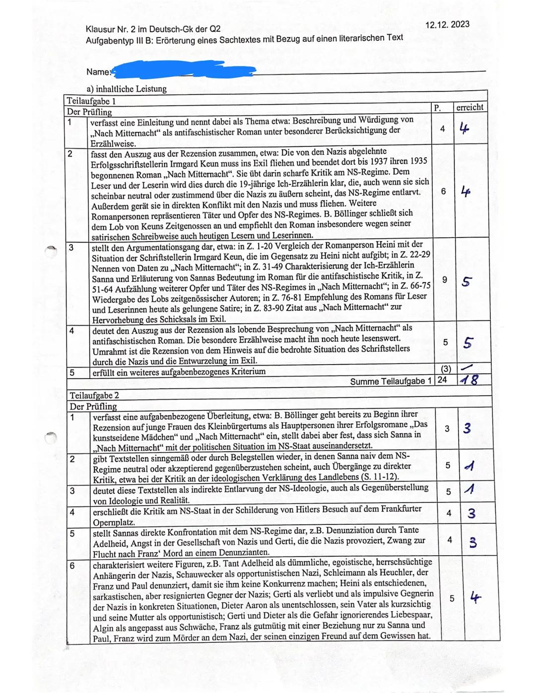 Deutschklausur zu Nach Mitternacht von Irmgard Keun