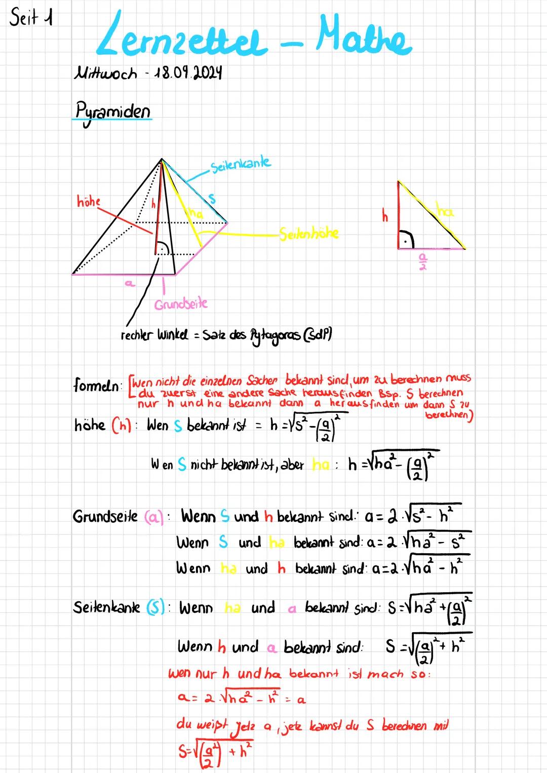 Seit 1
# Lernzettel - Mathe
Mittwoch 18.09.2024
## Pyramiden
höhe
S
Seitenkante
h
Seilenhahe
$
\frac{a}{2}$
Grundseite
rechter Wi
