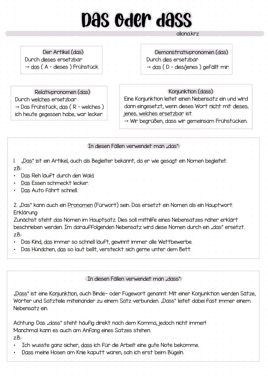 pas oder dass
aliona.krz
Der Artikel (das)
Durch dieses ersetzbar
->
das (A- dieses) Frühstück
Relativpronomen (das)
Durch welches ersetzbar