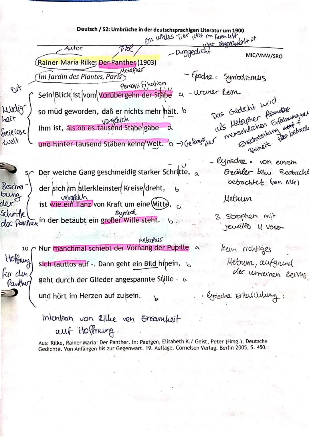 Aufgaben:
Aufgabe für das grundlegende und erhöhte Niveau:
Interpretiere das Gedicht,,Der Panther" von Rainer Maria Rilke. (AFB I, II, III)