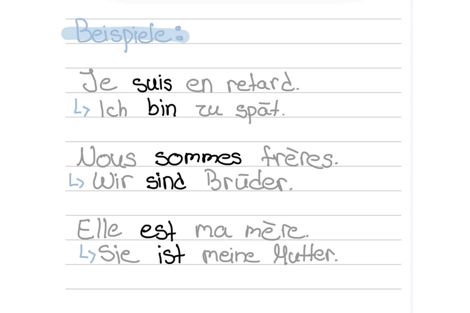 Je
tu
être (sein)
suis
es
belle/on est
nous
sommes
Vous
êtes
ils/elles sont Beispiele:
Je suis en retard.
Ly Ich bin zu spät.
Nous sommes fr