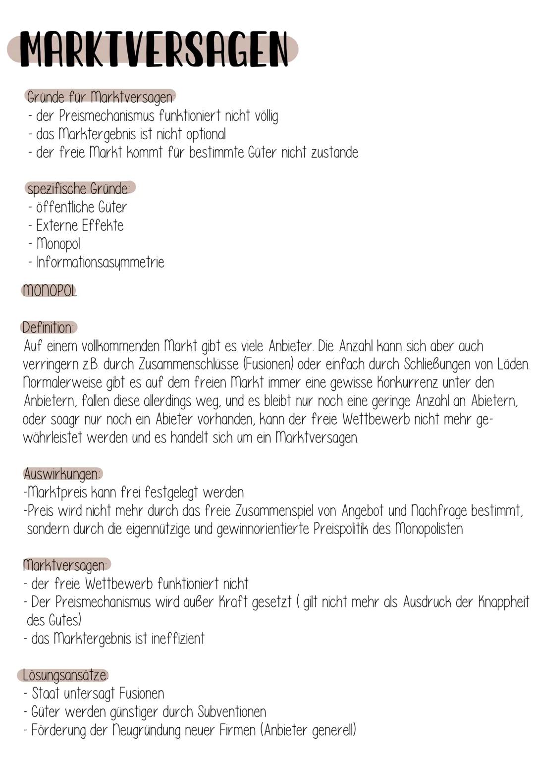 MARKTVERSAGEN
Gründe für Marktversagen
der Preismechanismus funktioniert nicht völlig
- das Marktergebnis ist nicht optional
- der freie mar