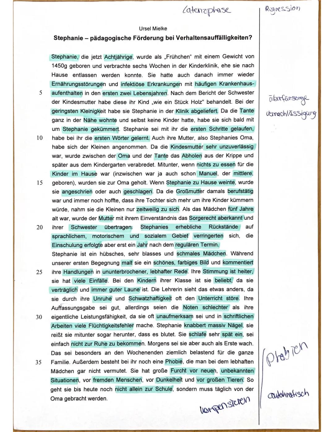 Name: Emma.
Klausur im Fach Erziehungswissenschaft:
Die psychoanalytische Sichtweise auf Entwicklung am
Fallbeispiel,Stephanie"
Datum:
19.09