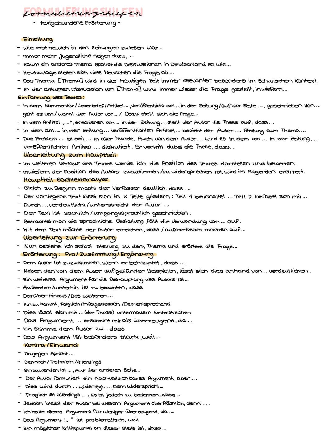Formulierungshilfen Textgebundene Erörterung