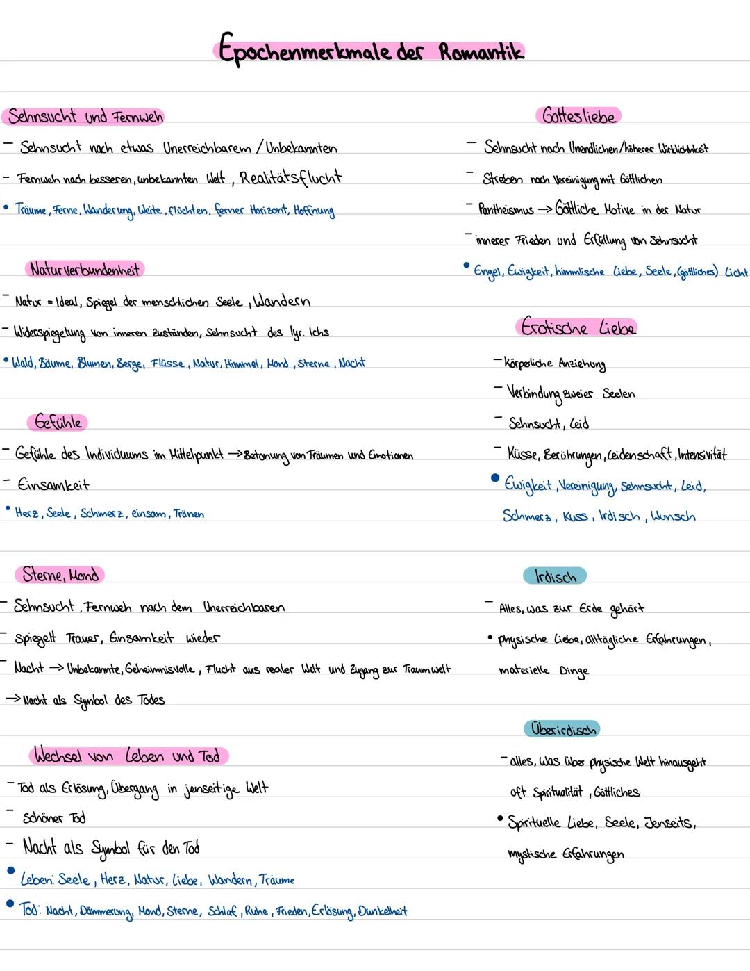 # Epochenmerkmale der Romantik
## Sehnsucht und Fernweh
- Sehnsucht nach etwas Unerreichbarem/Unbekannten.
- Femweh nach besseren, unbekan