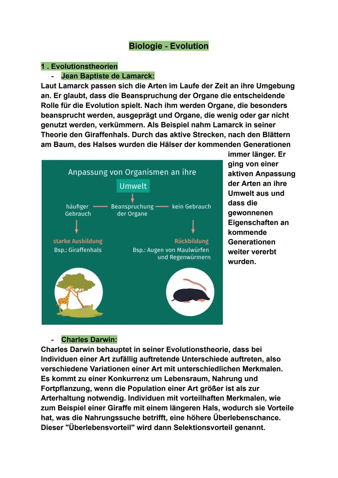 # Biologie - Evolution
## 1. Evolutionstheorien
- Jean Baptiste de Lamarck:
Laut Lamarck passen sich die Arten im Laufe der Zeit an ihre