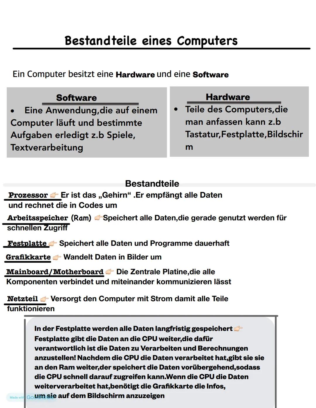 # Bestandteile eines Computers
Ein Computer besitzt eine Hardware und eine Software
Software
* Eine Anwendung, die auf einem
Computer lä
