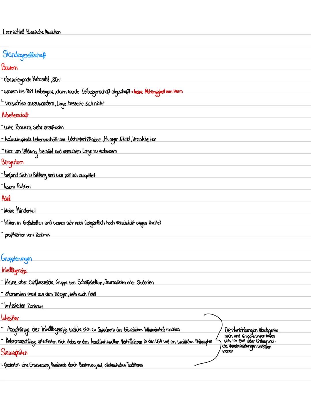 Lernzettel Russische Revolution
Ständegesellschaft
Bawern
-überwiegende Mehrzahl, 80.1
-waren bis 1861 Leibeigene, dann wurde Leibeigenschaf